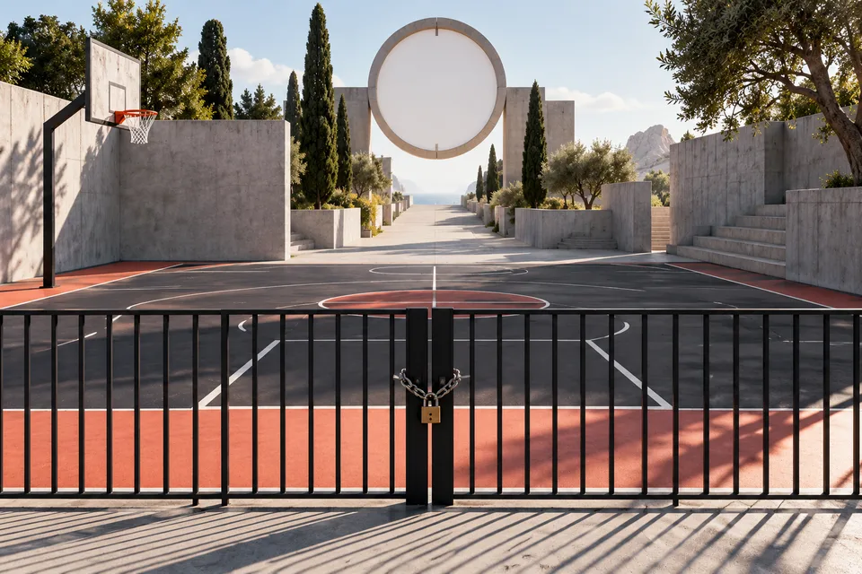AI illustration of a fictional court reservation display and players waiting beside a court
