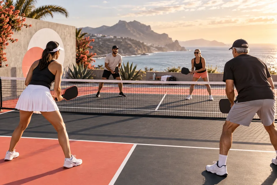 AI illustration of a fictional mixed doubles group around a pickleball court