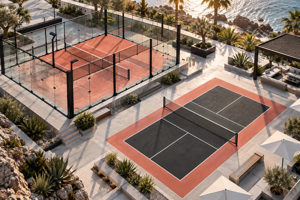 AI architectural illustration of fictional padel and pickleball courts in one sports park