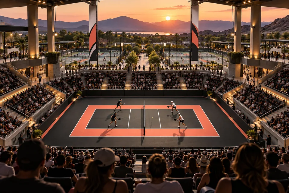 AI editorial illustration contrasting a fictional stadium with a neighborhood court