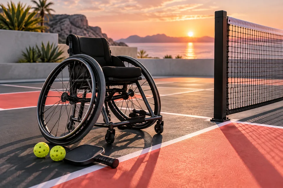 AI illustration of an empty sports wheelchair beside a fictional pickleball court